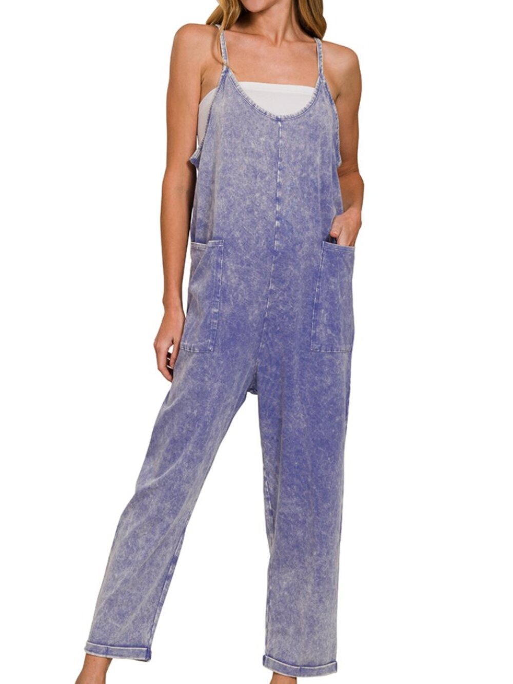 Washed Spaghetti Straps Overalls with Pockets - Marlin